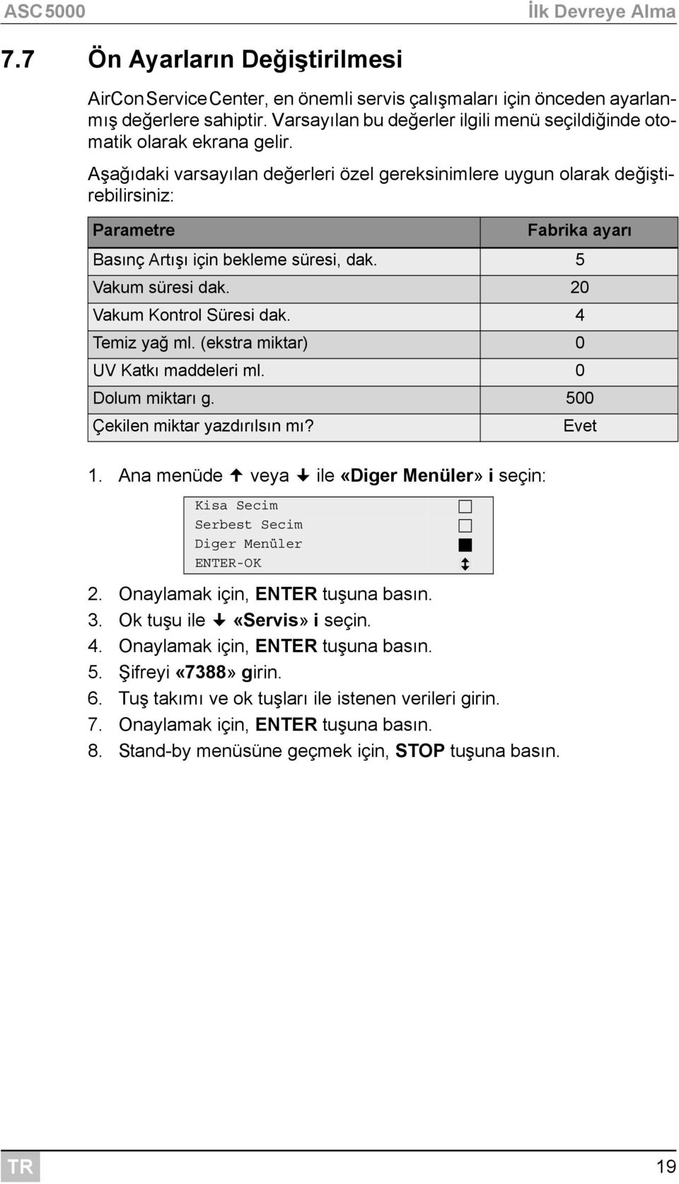 Aşağıdaki varsayılan değerleri özel gereksinimlere uygun olarak değiştirebilirsiniz: Parametre Fabrika ayarı Basınç Artışı için bekleme süresi, dak. 5 Vakum süresi dak. 20 Vakum Kontrol Süresi dak.