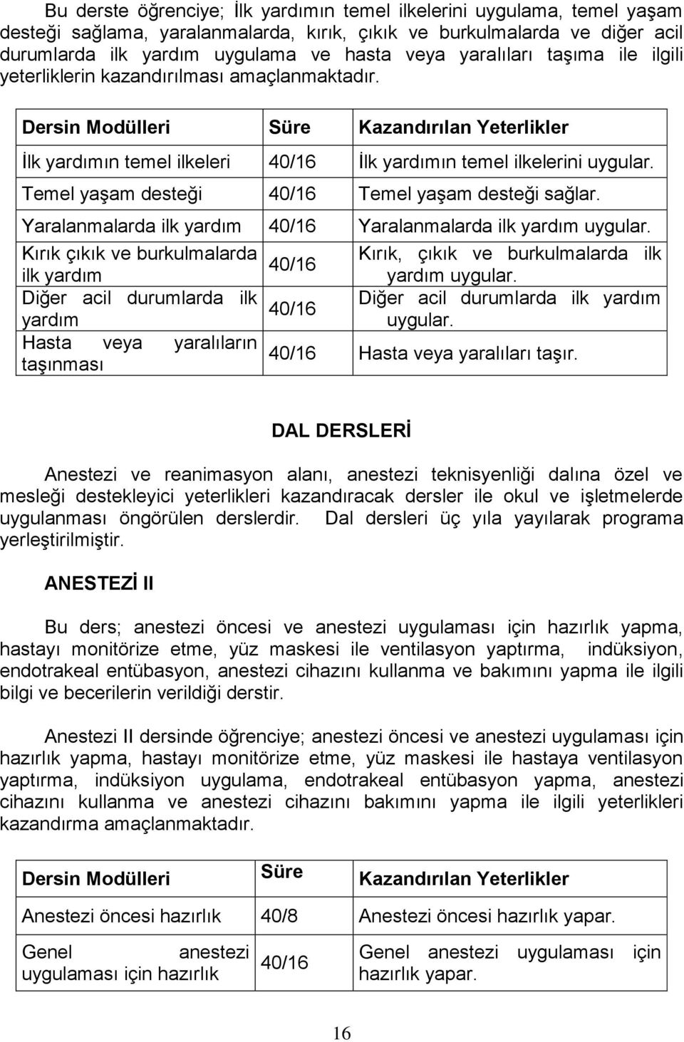 Temel yaģam desteği 40/16 Temel yaģam desteği sağlar. Yaralanmalarda ilk yardım 40/16 Yaralanmalarda ilk yardım uygular.