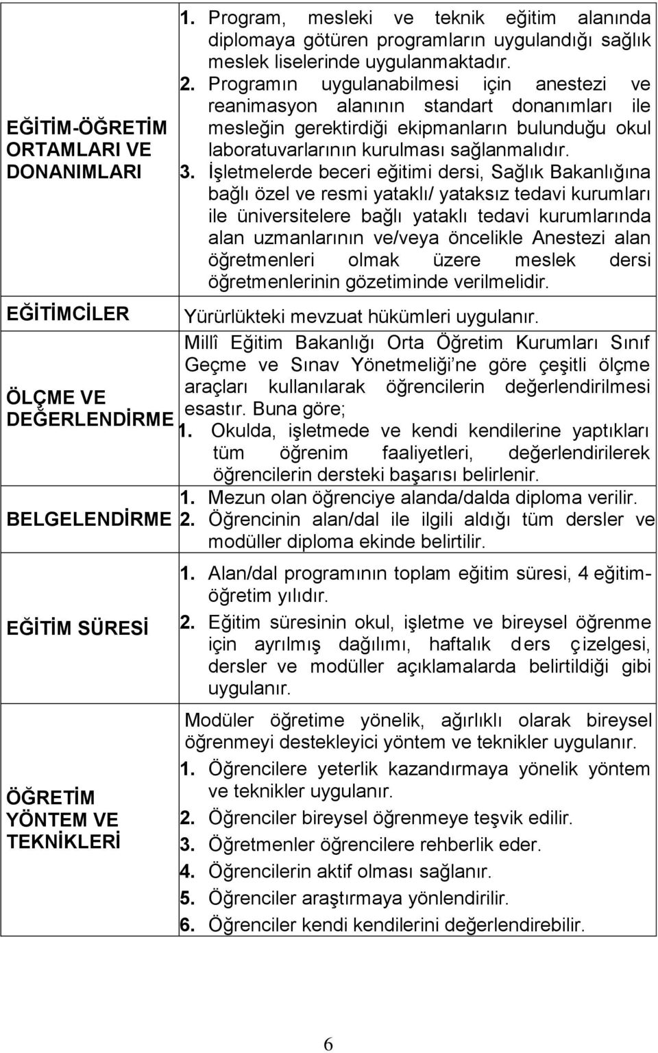 Programın uygulanabilmesi için anestezi ve reanimasyon alanının standart donanımları ile mesleğin gerektirdiği ekipmanların bulunduğu okul laboratuvarlarının kurulması sağlanmalıdır. 3.