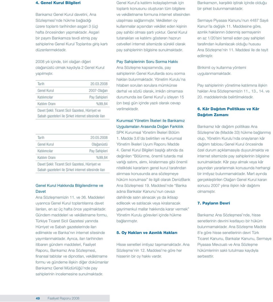 Tarih 20.03.2008 Genel Kurul 2007-Olağan Katılımcılar Pay Sahipleri Katılım Oranı %99,84 Davet Șekli: Ticaret Sicil Gazetesi, Hürriyet ve Sabah gazeteleri ile Șirket internet sitesinde ilan Tarih 20.