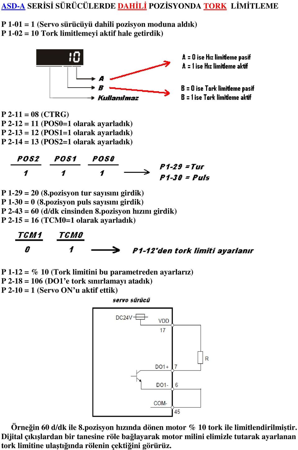 pozisyon tur sayısını girdik) P 1-30 = 0 (8.pozisyon puls sayısını girdik) P 2-43 = 60 (d/dk cinsinden 8.