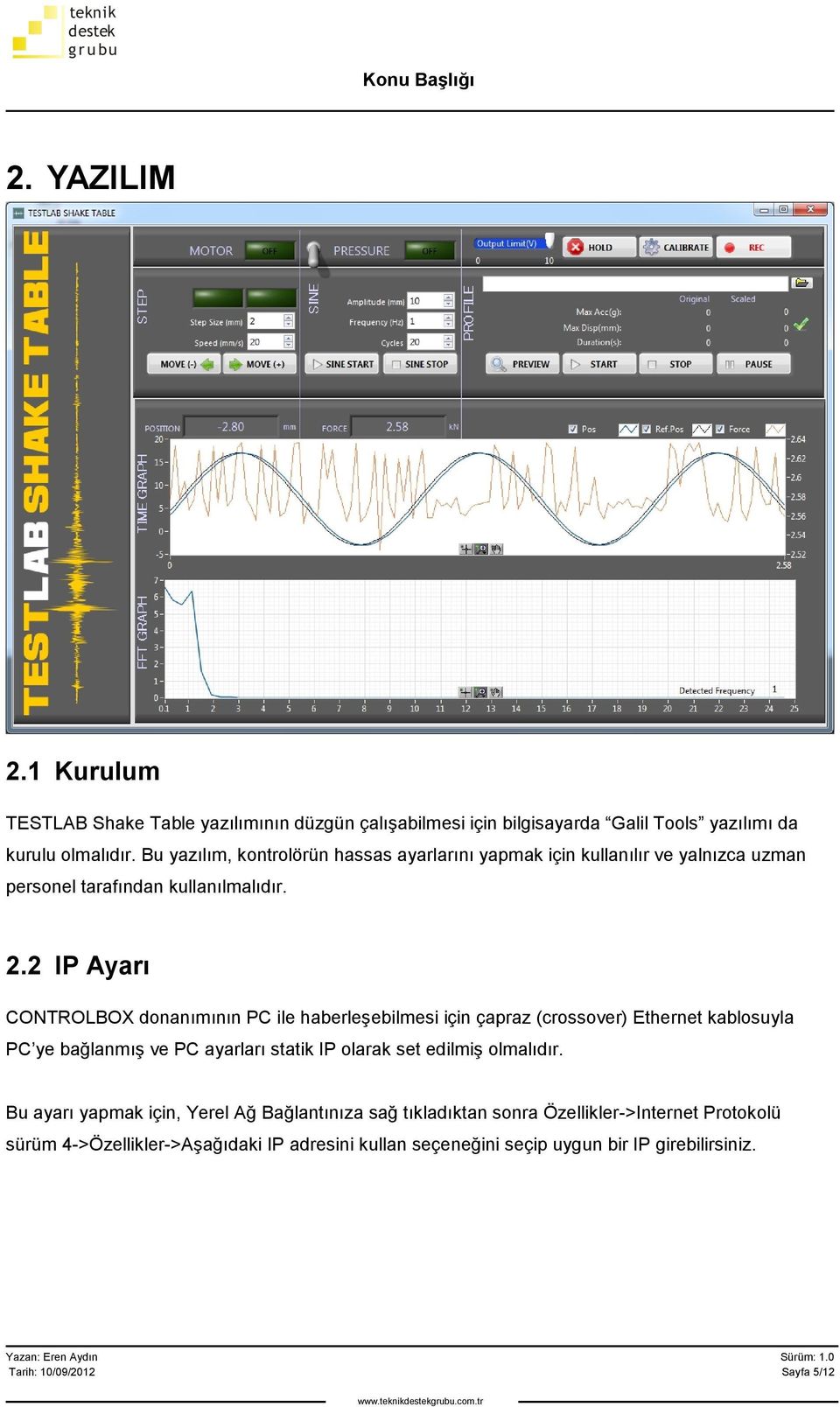 2 IP Ayarı CONTROLBOX donanımının PC ile haberleşebilmesi için çapraz (crossover) Ethernet kablosuyla PC ye bağlanmış ve PC ayarları statik IP olarak set edilmiş