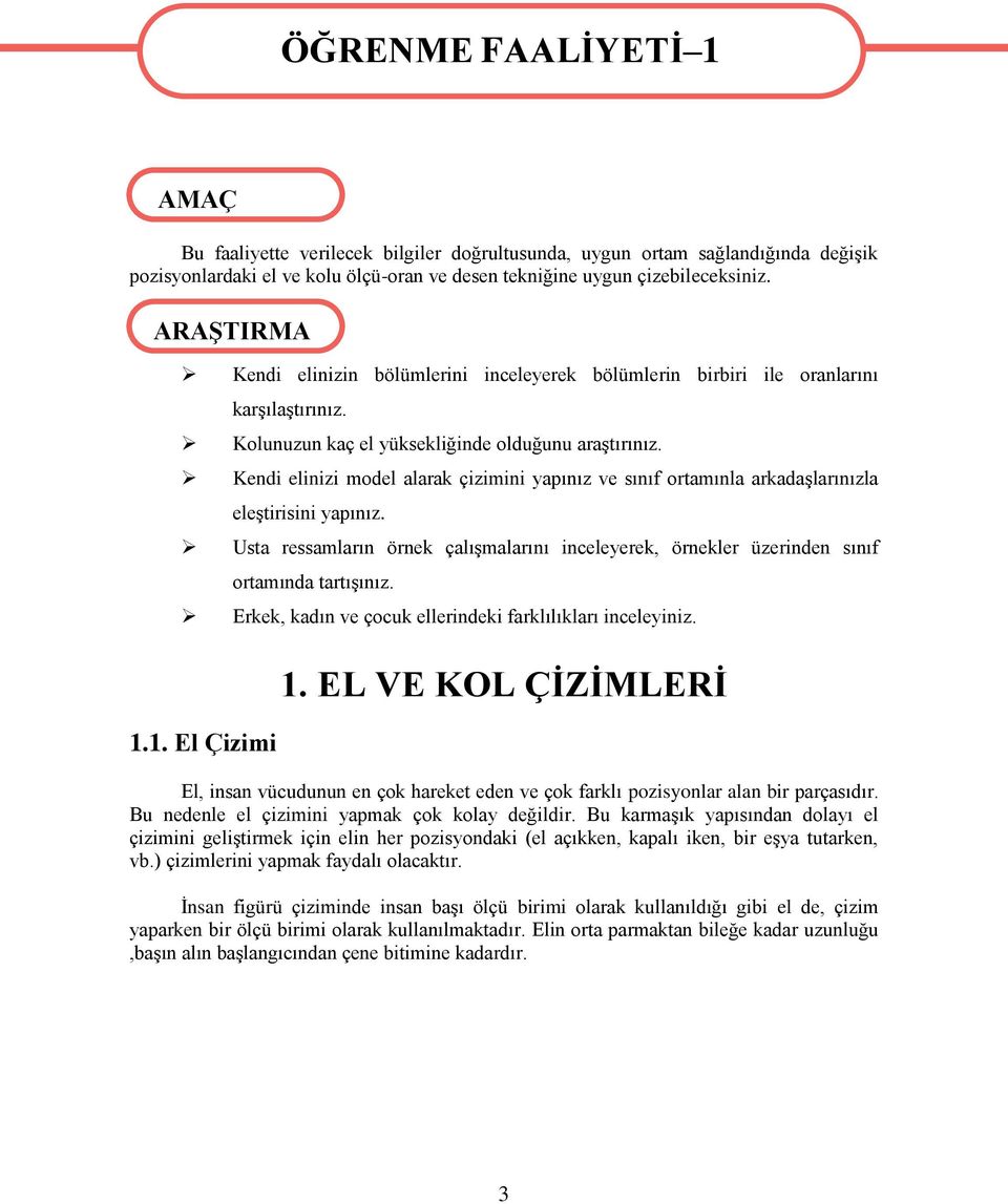 Kendi elinizi model alarak çizimini yapınız ve sınıf ortamınla arkadaşlarınızla eleştirisini yapınız. Usta ressamların örnek çalışmalarını inceleyerek, örnekler üzerinden sınıf ortamında tartışınız.