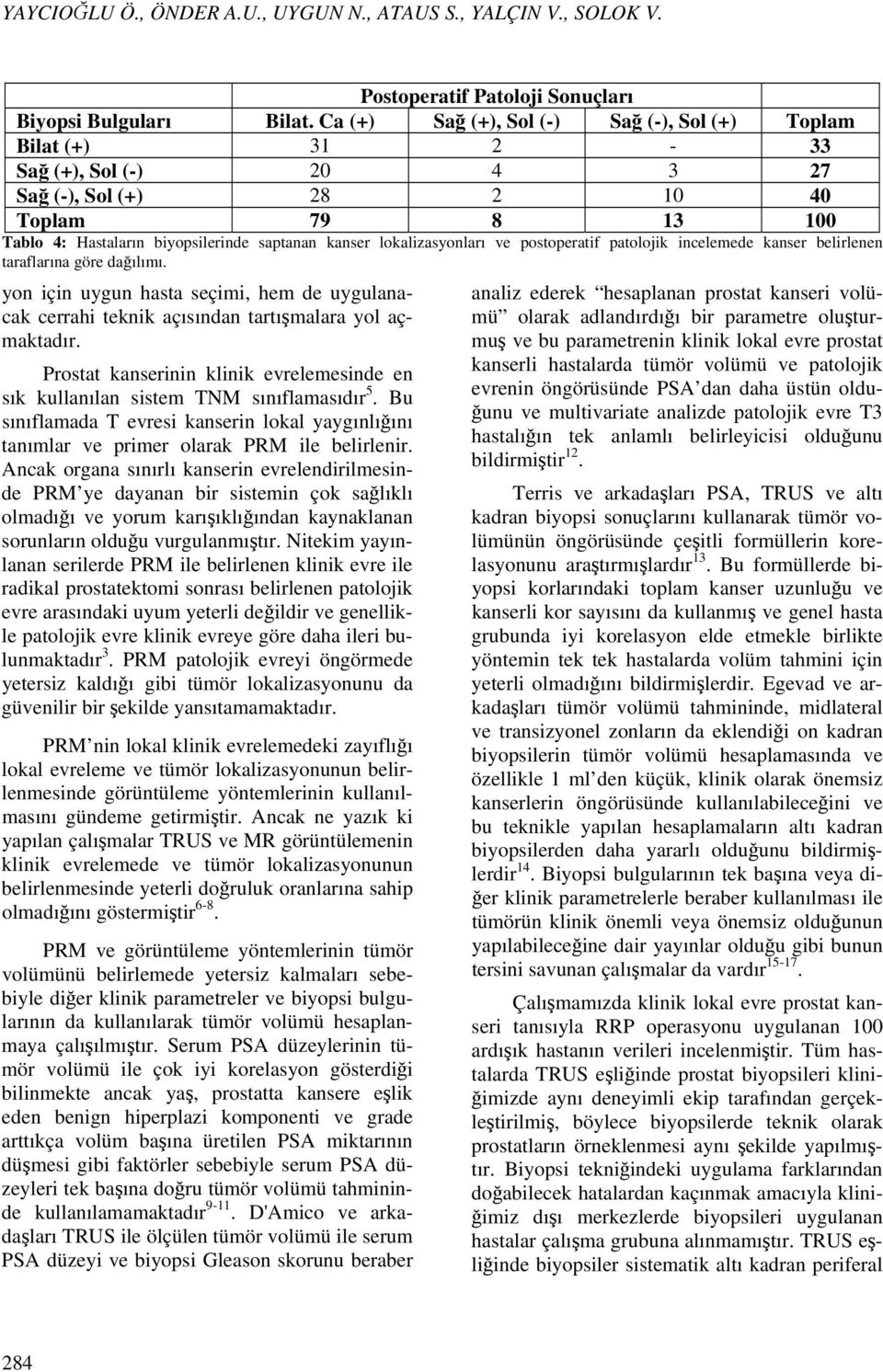 lokalizasyonları ve postoperatif patolojik incelemede kanser belirlenen taraflarına göre dağılımı. yon için uygun hasta seçimi, hem de uygulanacak cerrahi teknik açısından tartışmalara yol açmaktadır.