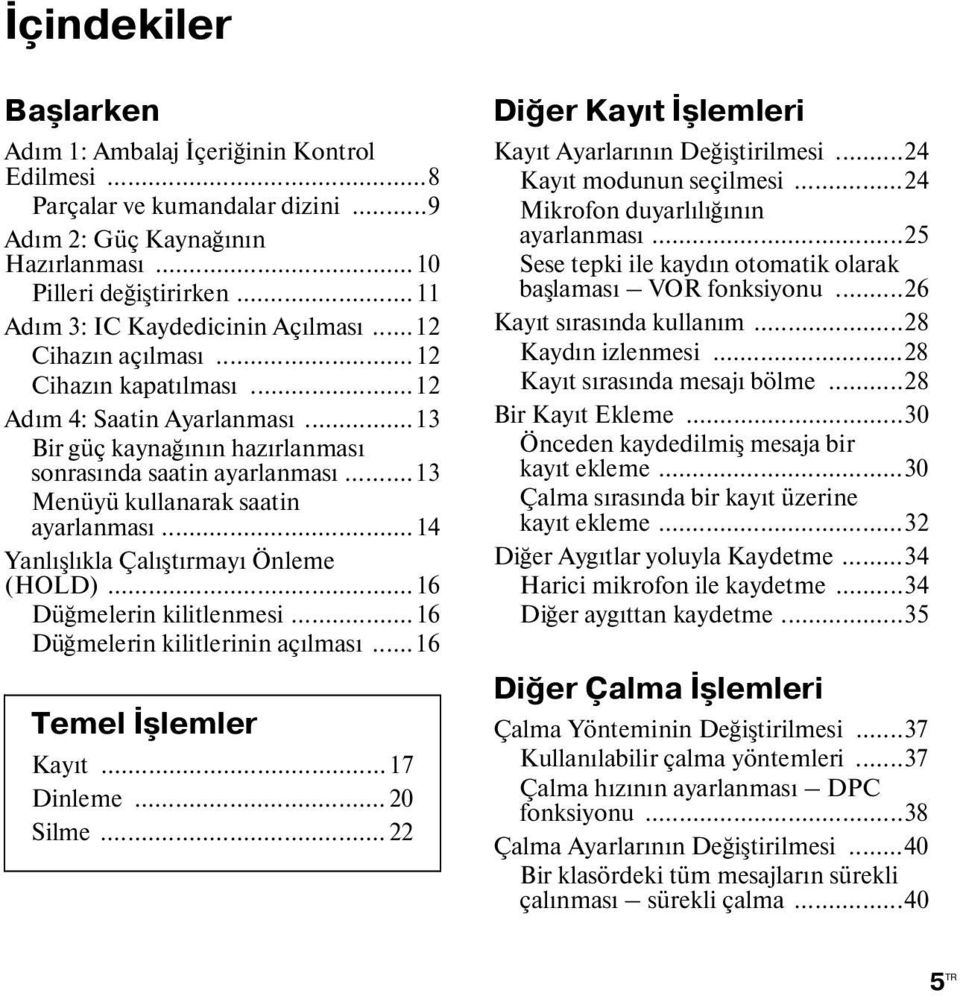 ..13 Menüyü kullanarak saatin ayarlanması...14 Yanlışlıkla Çalıştırmayı Önleme (HOLD)...16 Düğmelerin kilitlenmesi...16 Düğmelerin kilitlerinin açılması...16 Temel İşlemler Kayıt... 17 Dinleme.