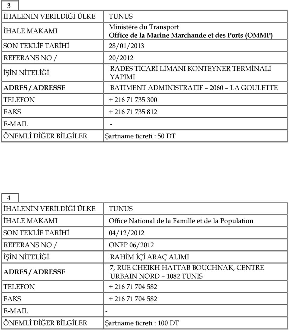 812 4 SON TEKLİF TARİHİ 04/12/2012 REFERANS NO / ONFP 06/2012 Office National de la Famille et de la Population RAHİM İÇİ ARAÇ