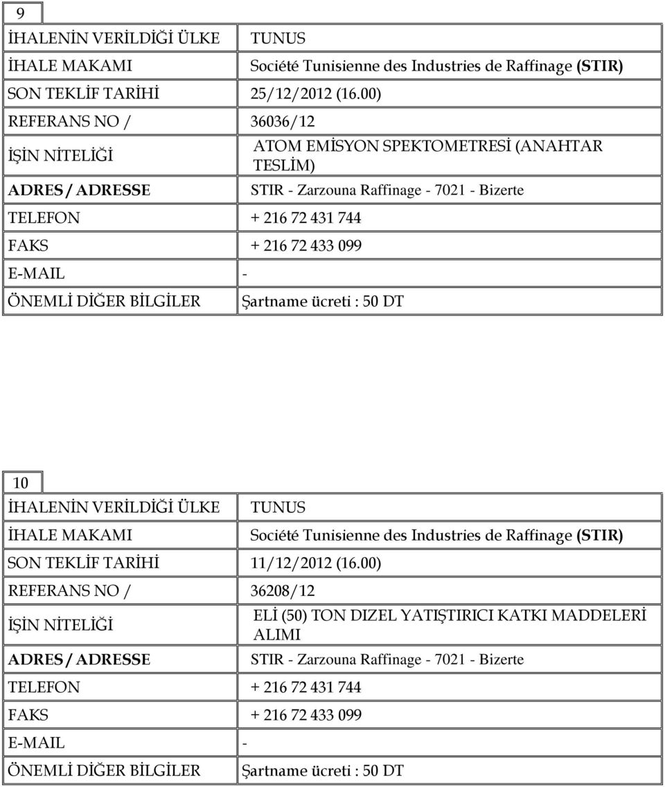 ATOM EMİSYON SPEKTOMETRESİ (ANAHTAR TESLİM) STIR - Zarzouna Raffinage - 7021 - Bizerte 10 SON TEKLİF TARİHİ 11/12/2012 (16.