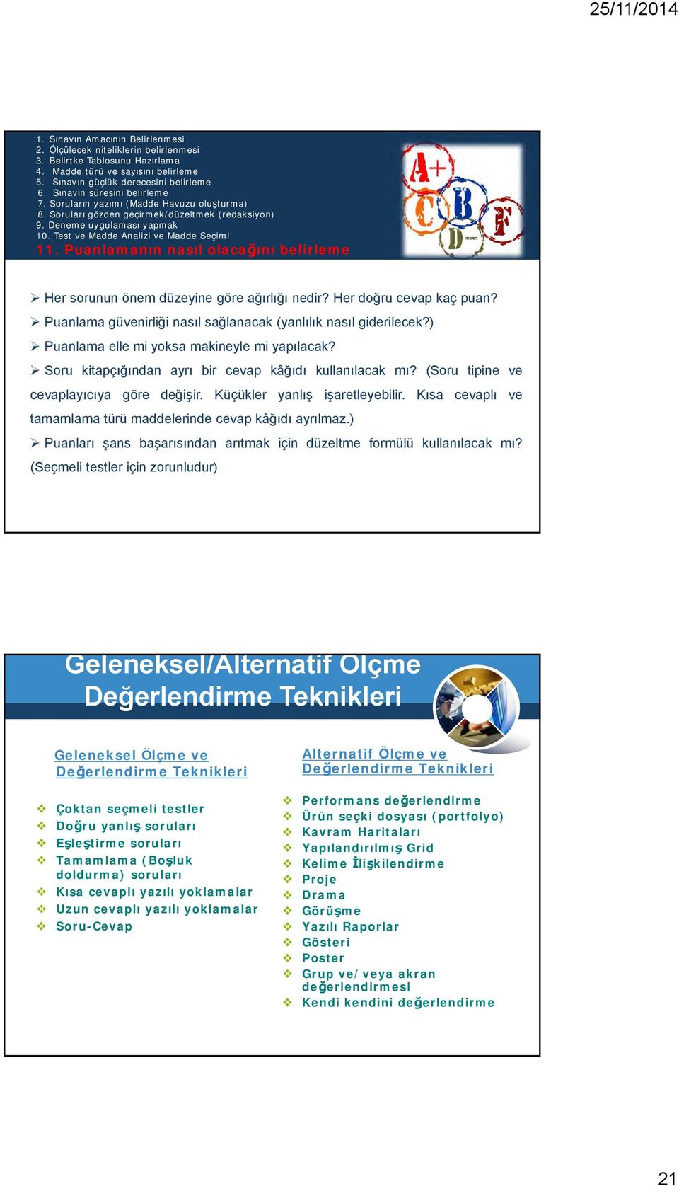 Puanlamanın nasıl olacağını belirleme Her sorunun önem düzeyine göre ağırlığı nedir? Her doğru cevap kaç puan? Puanlama güvenirliği nasıl sağlanacak (yanlılık nasıl giderilecek?