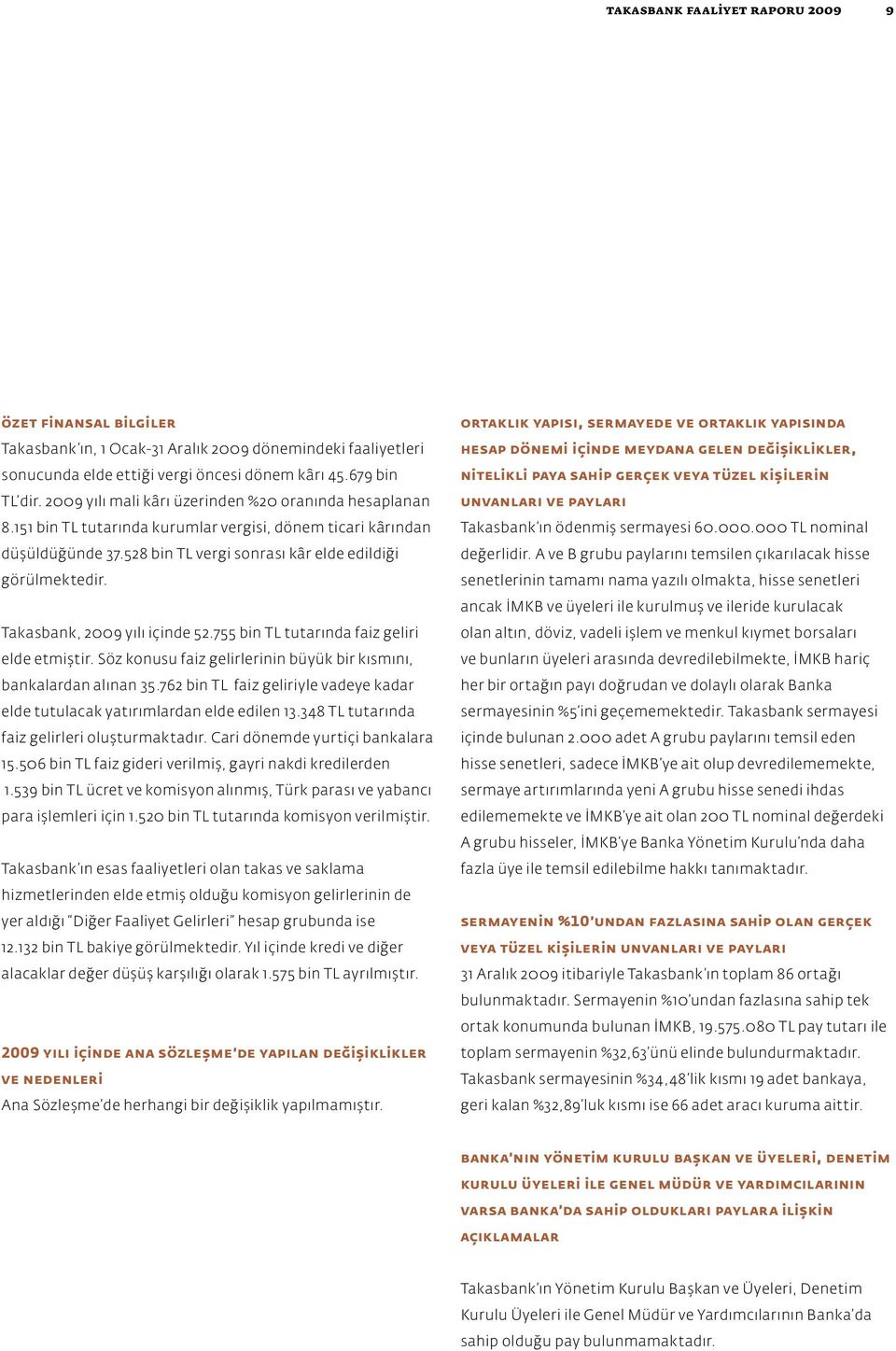 Takasbank, 2009 yılı içinde 52.755 bin TL tutarında faiz geliri elde etmiştir. Söz konusu faiz gelirlerinin büyük bir kısmını, bankalardan alınan 35.