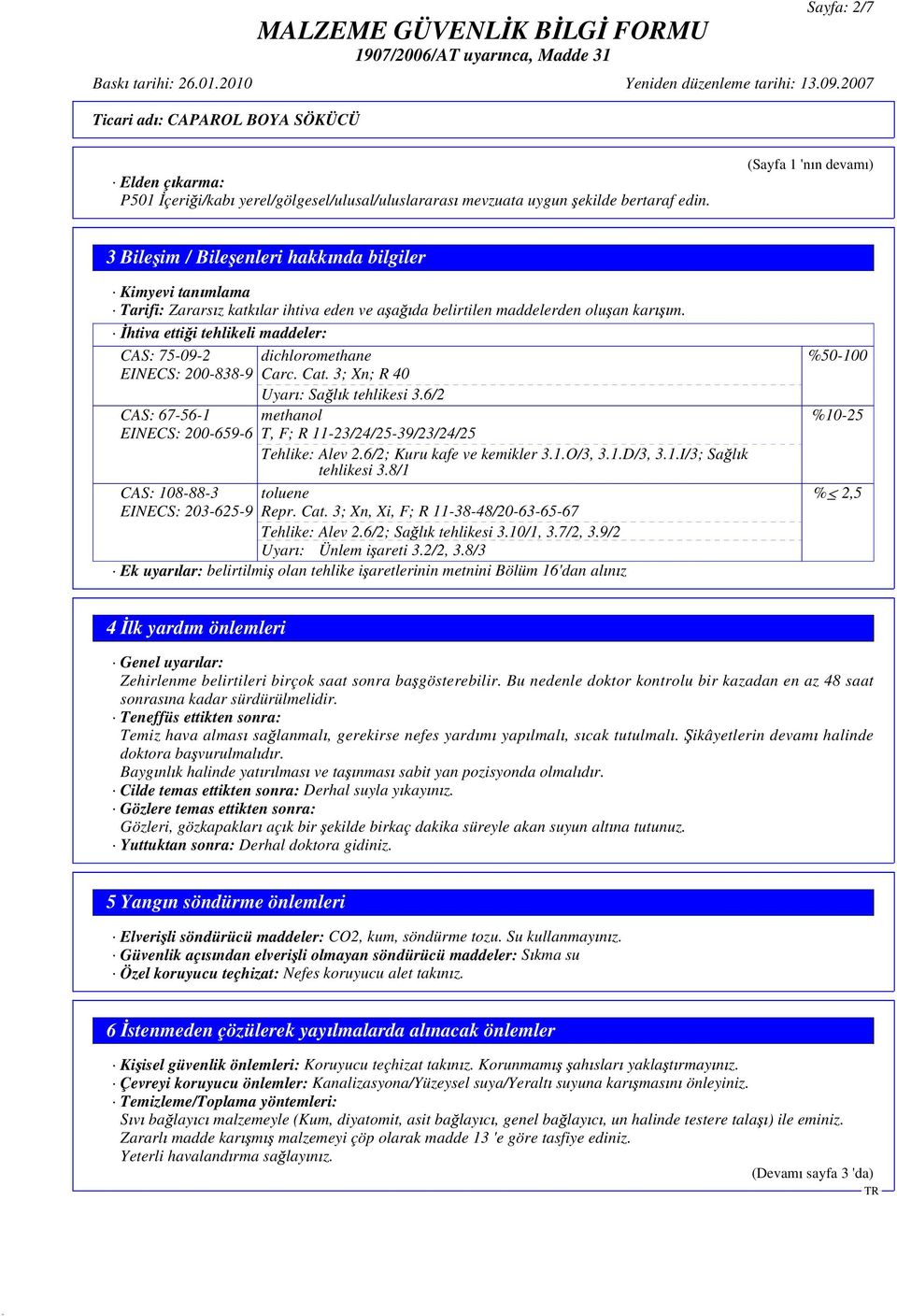 htiva etti i tehlikeli maddeler: CAS: 75-09-2 EINECS: 200-838-9 CAS: 67-56-1 EINECS: 200-659-6 CAS: 108-88-3 EINECS: 203-625-9 dichloromethane Carc. Cat. 3; Xn; R 40 Uyar : Sa l k tehlikesi 3.