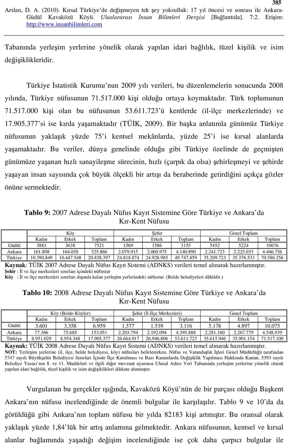 611.723 ü kentlerde (il-ilçe merkezlerinde) ve 17.905.377 si ise kırda yaşamaktadır (TÜİK, 2009).