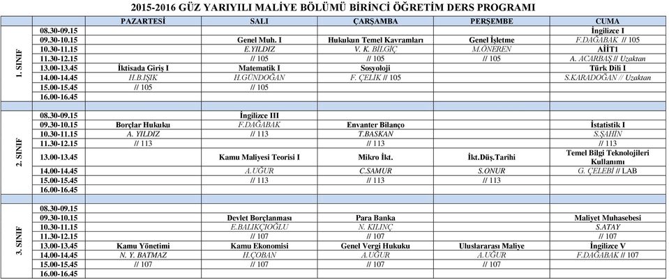 KARADOĞAN // Uzaktan 15.00-15.45 // 105 // 105 İngilizce III 09.30-10.15 Borçlar Hukuku F.DAĞABAK Envanter Bilanço İstatistik I 10.30-11.15 A. YILDIZ // 113 T.BASKAN S.ŞAHİN 11.30-12.