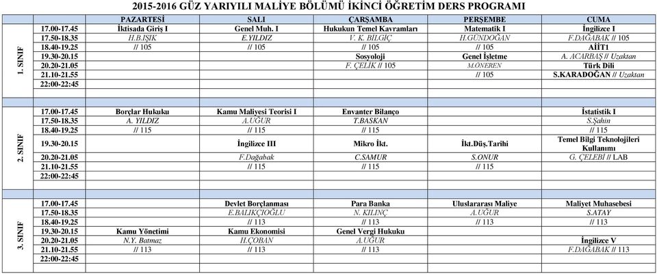 KARADOĞAN // Uzaktan 17.00-17.45 Borçlar Hukuku Kamu Maliyesi Teorisi I Envanter Bilanço İstatistik I 17.50-18.35 A. YILDIZ A.UĞUR T.BASKAN S.Şahin 18.40-19.25 // 115 // 115 // 115 // 115 19.30-20.