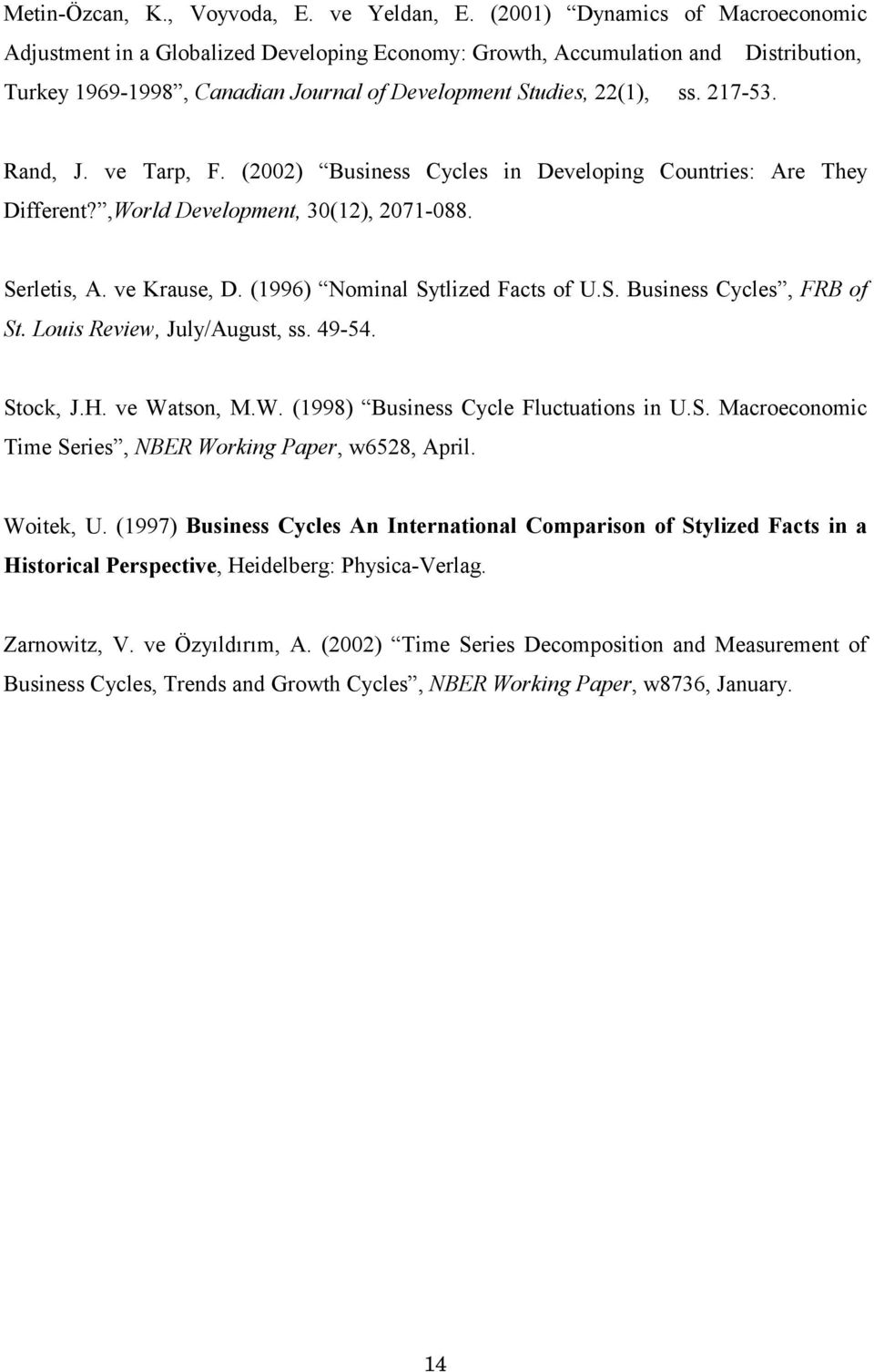 Rand, J. ve Tarp, F. (2002) Business Cycles in Developing Countries: Are They Different?,World Development, 30(12), 2071-088. Serletis, A. ve Krause, D. (1996) Nominal Sytlized Facts of U.S. Business Cycles, FRB of St.