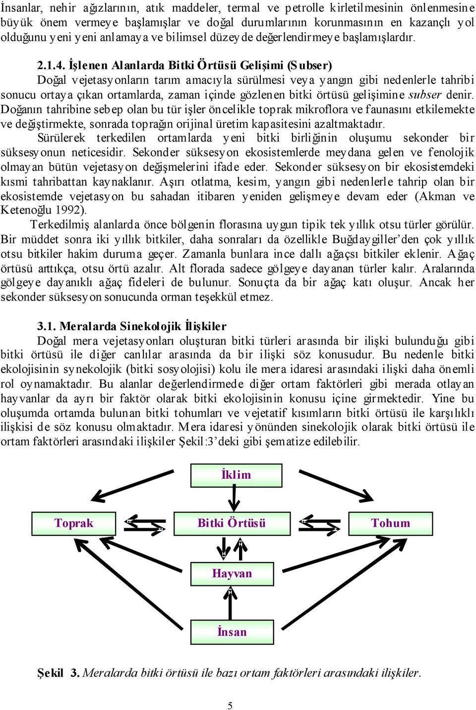 İşlenen Alanlarda Bitki Örtüsü Gelişimi (Subser) Doğal vejetasyonların tarım amacıyla sürülmesi veya yangın gibi nedenlerle tahribi sonucu ortaya çıkan ortamlarda, zaman içinde gözlenen bitki örtüsü