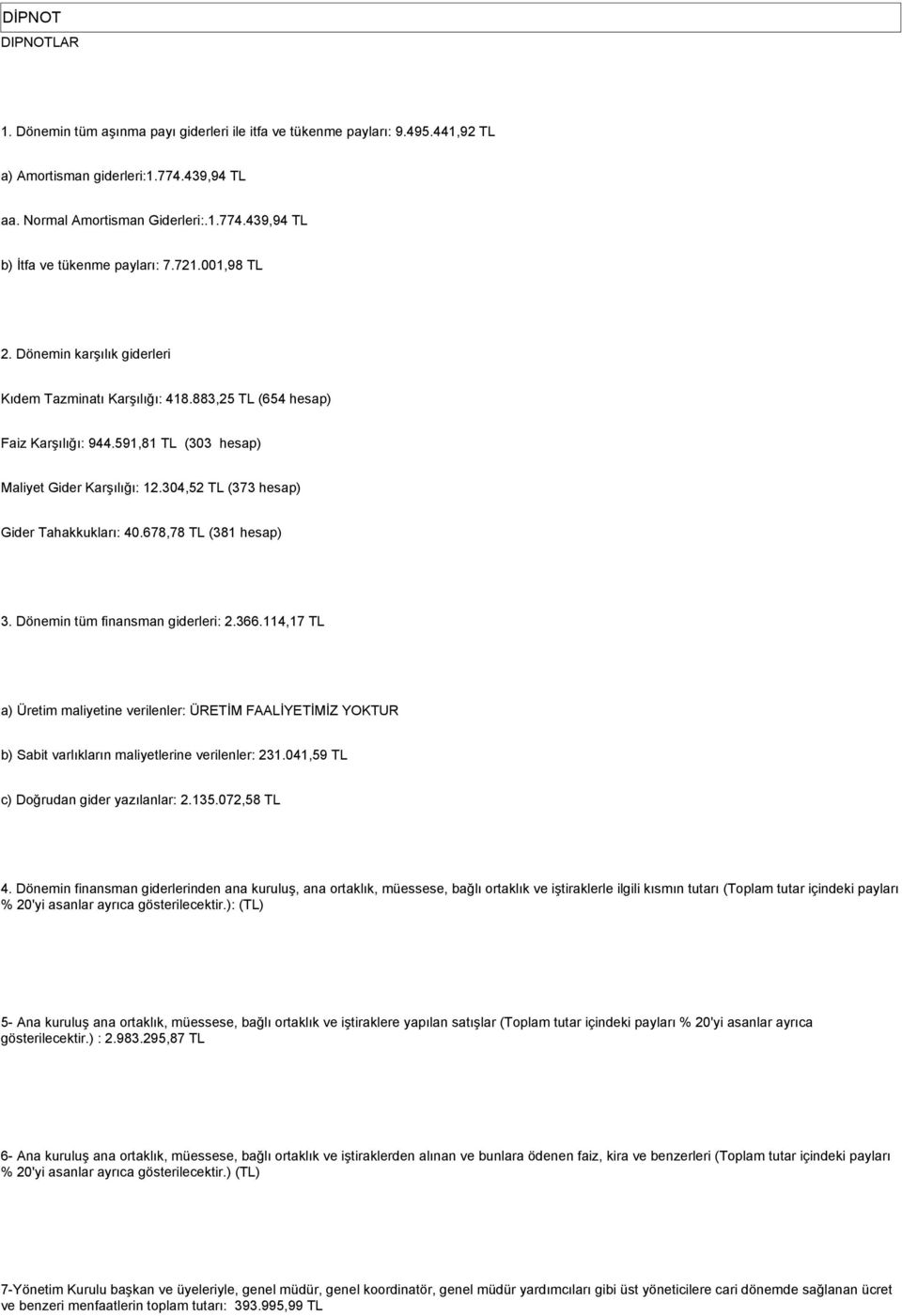 304,52 TL (373 hesap) Gider Tahakkukları: 40.678,78 TL (381 hesap) 3. Dönemin tüm finansman giderleri: 2.366.