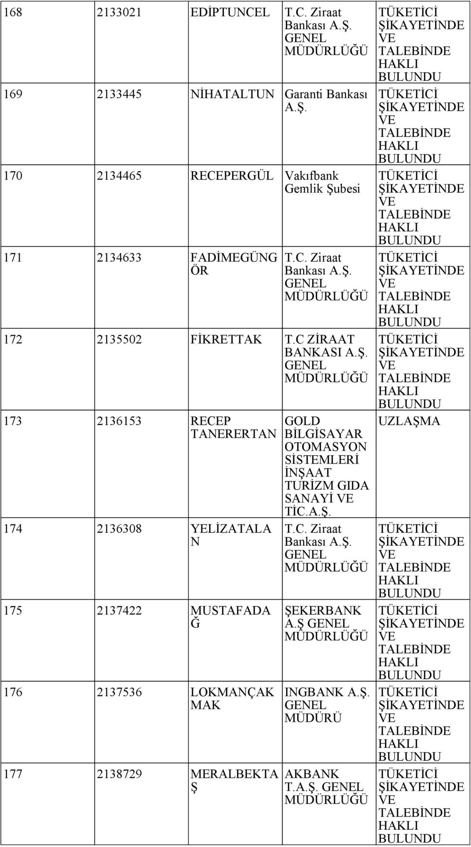 C ZİRAAT 173 2136153 RECEP TAERERTA GOLD BİLGİSAYAR OTOMASYO SİSTEMLERİ İŞAAT TURİZM GIDA SAAYİ