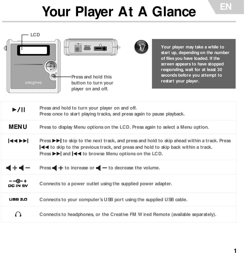 again to pause playback MENU Press to display Menu options on the LCD Press again to select a Menu option Press to skip to the next track, and press and hold to skip ahead within a track Press to