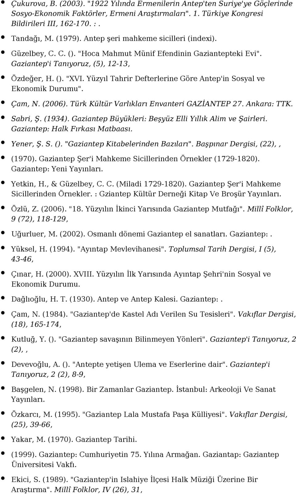 Yüzyıl Tahrir Defterlerine Göre Antep'in Sosyal ve Ekonomik Durumu". Çam, N. (2006). Türk Kültür Varlıkları Envanteri GAZİANTEP 27. Ankara: TTK. Sabri, Ş. (1934).