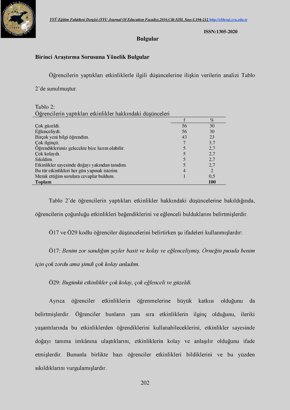 7 3,7 Öğrendiklerimiz gelecekte bize lazım olabilir. 5 2,7 Çok kolaydı. 5 2,7 Sıkıldım. 5 2,7 Etkinlikler sayesinde doğayı yakından tanıdım. 5 2,7 Bu tür etkinlikleri her gün yapmak isterim.