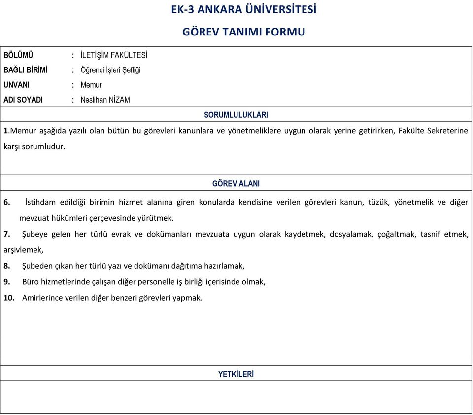 İstihdam edildiği birimin hizmet alanına giren konularda kendisine verilen görevleri kanun, tüzük, yönetmelik ve diğer mevzuat hükümleri çerçevesinde yürütmek. 7.