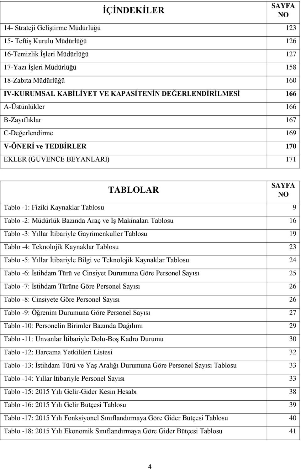 Tablosu 9 Tablo -2: Müdürlük Bazında Araç ve İş Makinaları Tablosu 16 Tablo -3: Yıllar İtibariyle Gayrimenkuller Tablosu 19 Tablo -4: Teknolojik Kaynaklar Tablosu 23 Tablo -5: Yıllar İtibariyle Bilgi