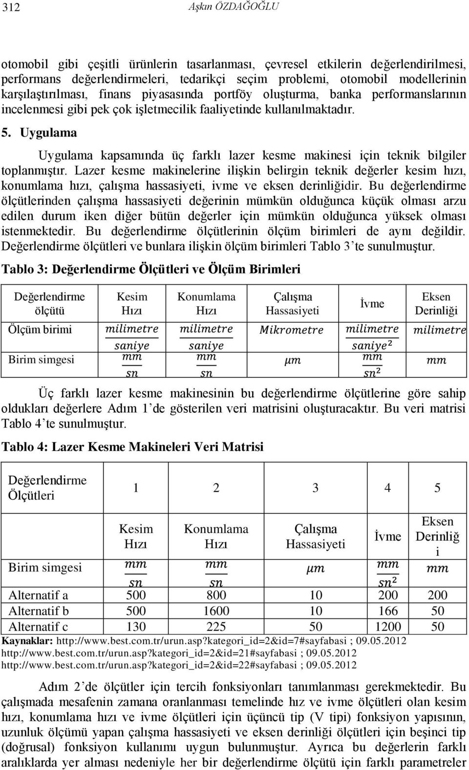 Uygulama Uygulama kapsamında üç farklı lazer kesme makinesi için teknik bilgiler toplanmıştır.