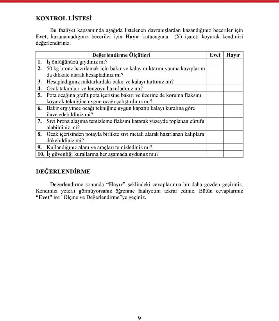 Hesapladığınız miktarlardaki bakır ve kalayı tarttınız mı? 4. Ocak takımları ve lengoyu hazırladınız mı? 5.