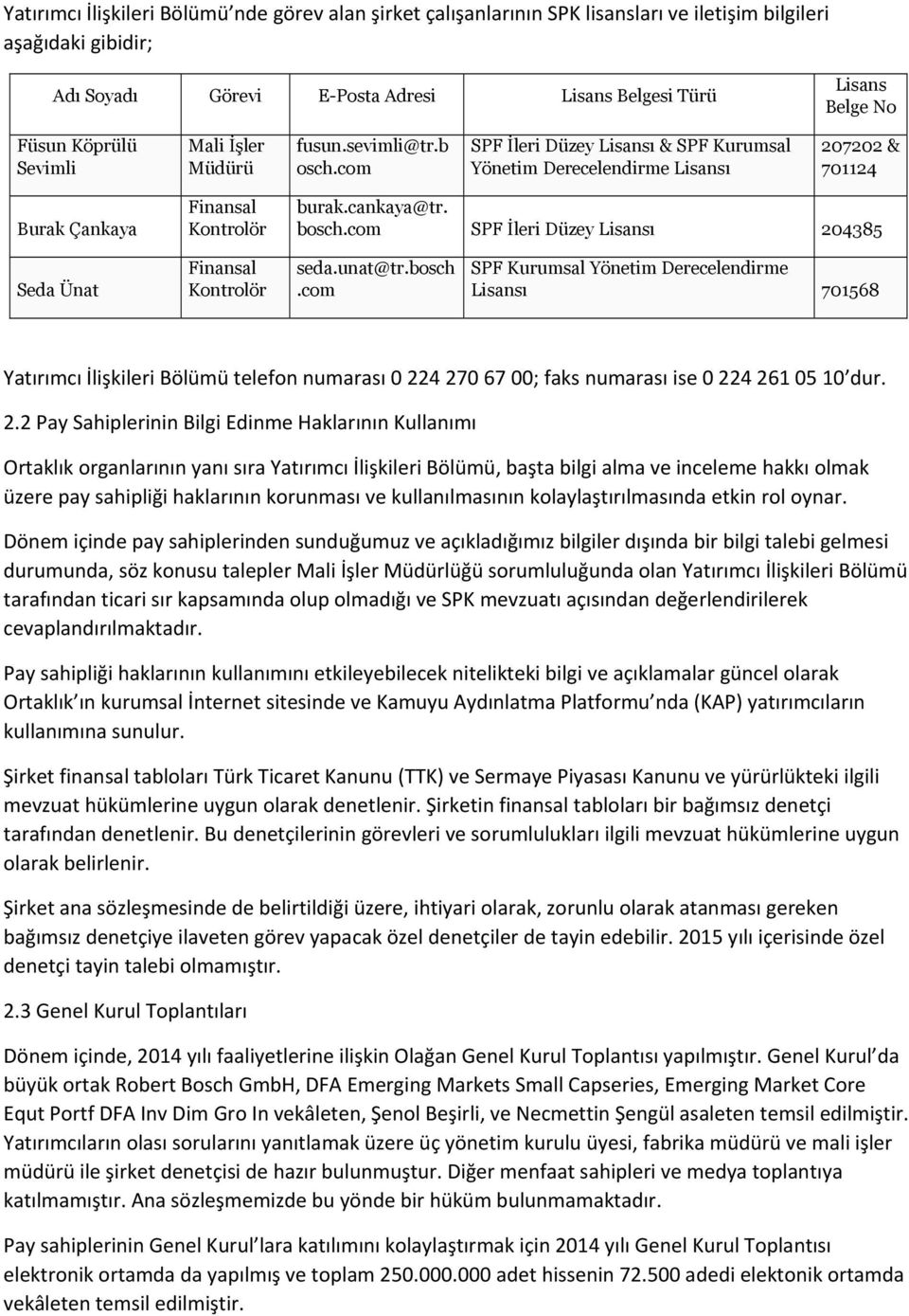 bosch.com SPF İleri Düzey Lisansı 204385 Seda Ünat Finansal Kontrolör seda.unat@tr.bosch.com SPF Kurumsal Yönetim Derecelendirme Lisansı 701568 Yatırımcı İlişkileri Bölümü telefon numarası 0 224 270 67 00; faks numarası ise 0 224 261 05 10 dur.