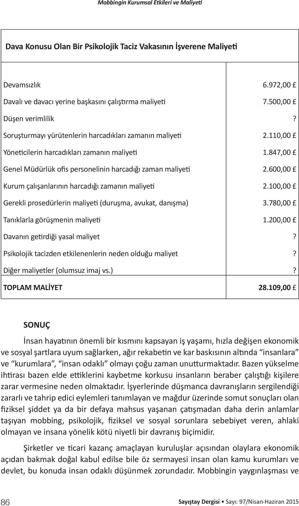 avukat, danışma) Tanıklarla görüşmenin maliyeti Davanın getirdiği yasal maliyet Psikolojik tacizden etkilenenlerin neden olduğu maliyet Diğer maliyetler (olumsuz imaj vs.) 6.972,00 7.500,00? 2.