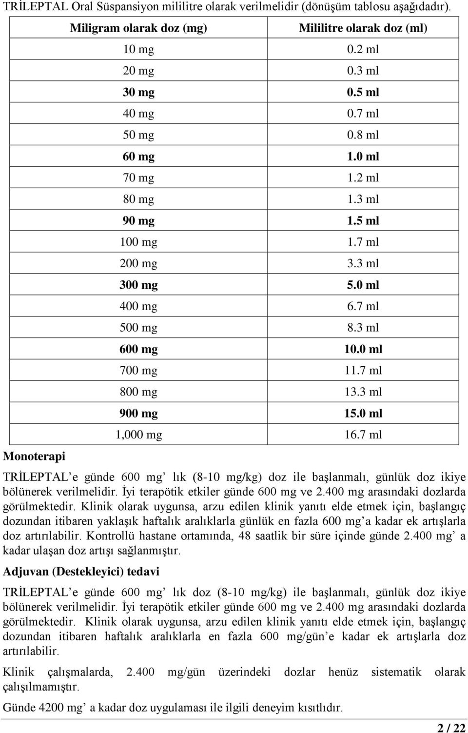 7 ml Monoterapi TRİLEPTAL e günde 600 mg lık (8-10 mg/kg) doz ile başlanmalı, günlük doz ikiye bölünerek verilmelidir. İyi terapötik etkiler günde 600 mg ve 2.400 mg arasındaki dozlarda görülmektedir.