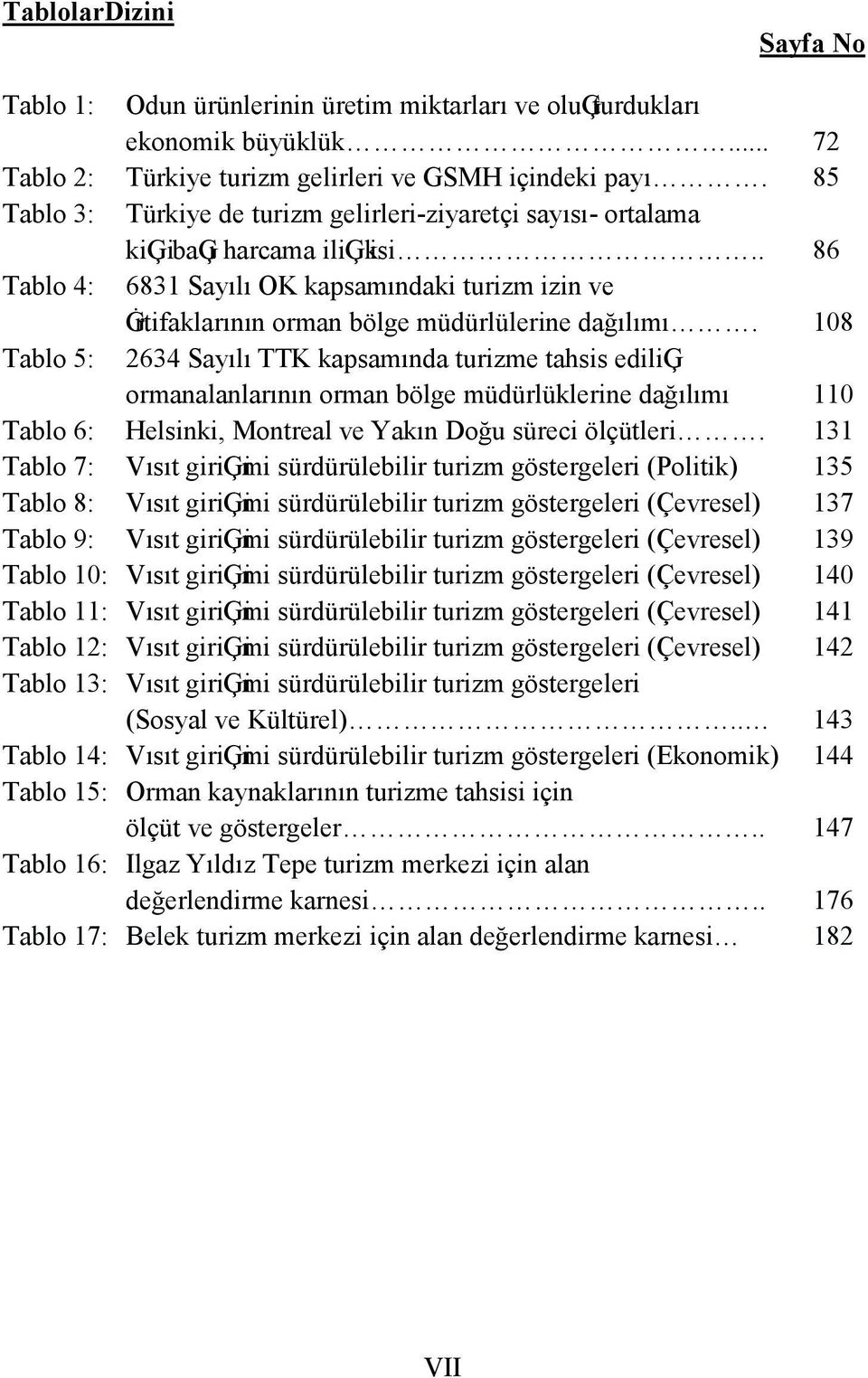 108 Tablo 5: 2634 Sayılı TTK kapsamında turizme tahsis ediliģ ormanalanlarının orman bölge müdürlüklerine dağılımı 110 Tablo 6: Helsinki, Montreal ve Yakın Doğu süreci ölçütleri.