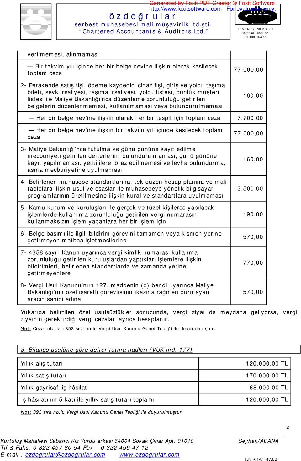 000,00 160,00 Her bir belge nev ine ilişkin olarak her bir tespit için toplam ceza 7.