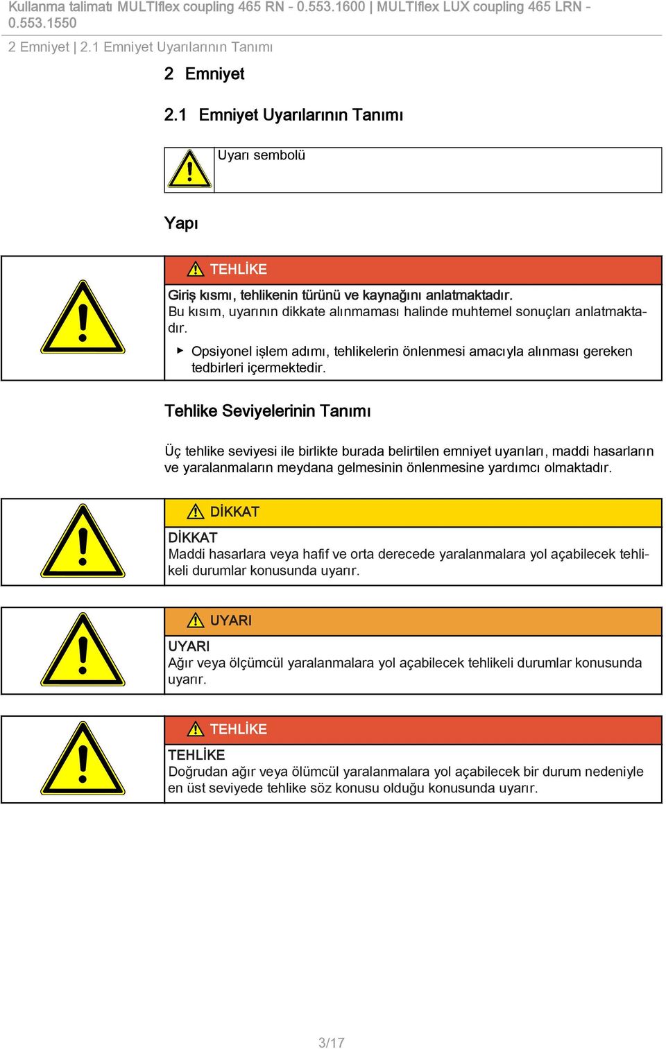 Tehlike Seviyelerinin Tanımı Üç tehlike seviyesi ile birlikte burada belirtilen emniyet uyarıları, maddi hasarların ve yaralanmaların meydana gelmesinin önlenmesine yardımcı olmaktadır.