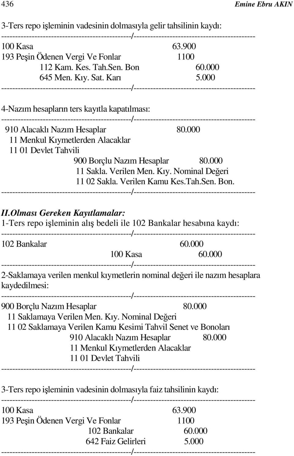 Verilen Kamu Kes.Tah.Sen. Bon. II.Olması Gereken Kayıtlamalar: 1-Ters repo ileminin alı bedeli ile 102 Bankalar hesabına kaydı: 102 Bankalar 60.000 100 Kasa 60.