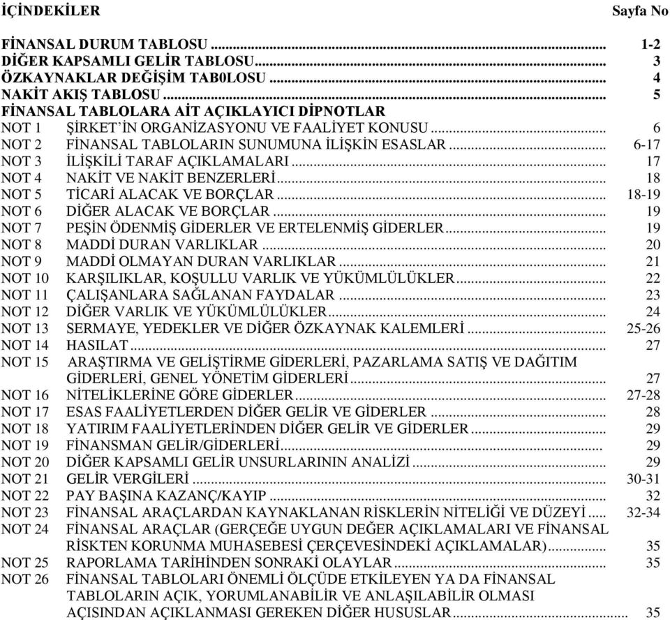 .. 17 NOT 4 NAKİT VE NAKİT BENZERLERİ... 18 NOT 5 TİCARİ ALACAK VE BORÇLAR... 18-19 NOT 6 DİĞER ALACAK VE BORÇLAR... 19 NOT 7 PEŞİN ÖDENMİŞ GİDERLER VE ERTELENMİŞ GİDERLER.