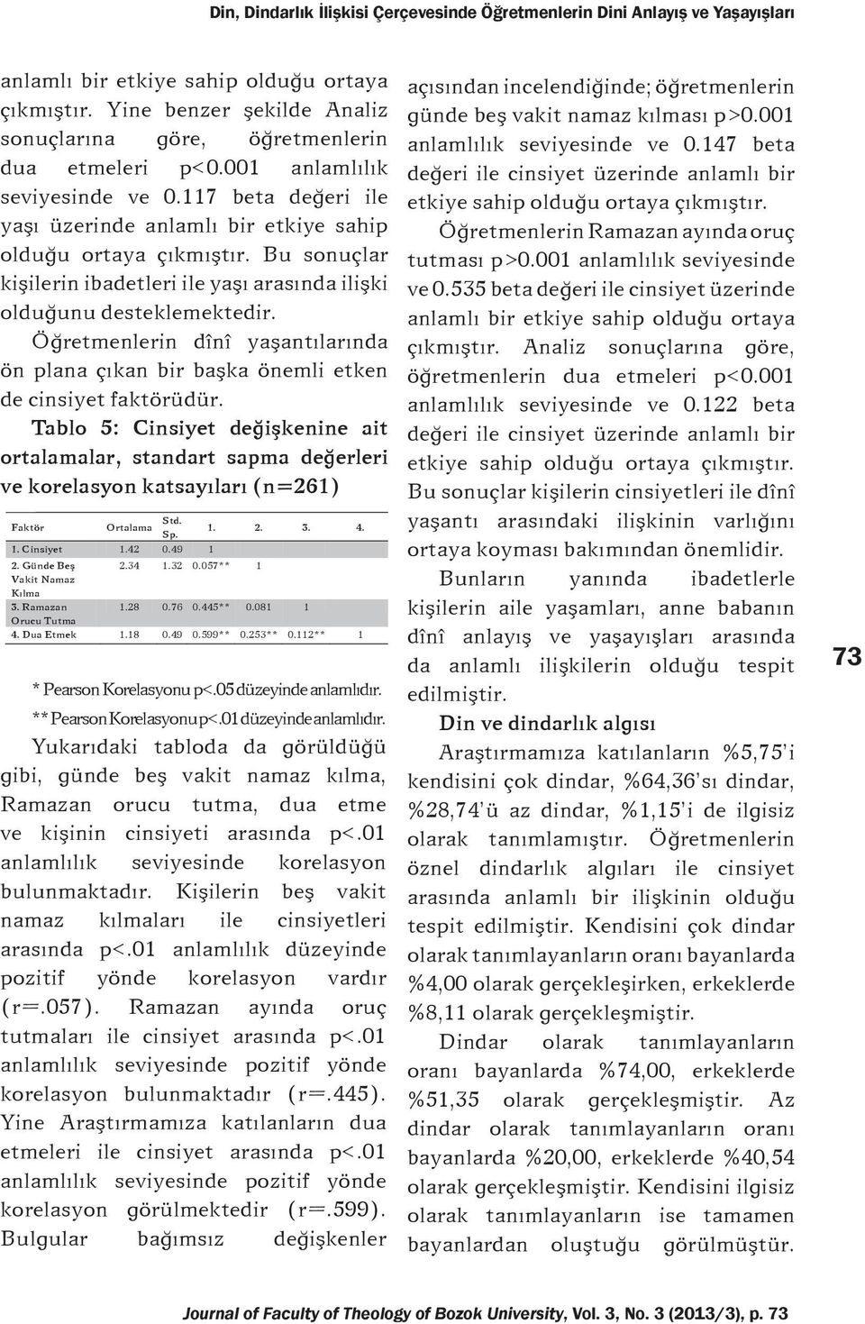 Öðretmenlerin dînî yaþantýlarýnda ön plana çýkan bir baþka önemli etken de cinsiyet faktörüdür.