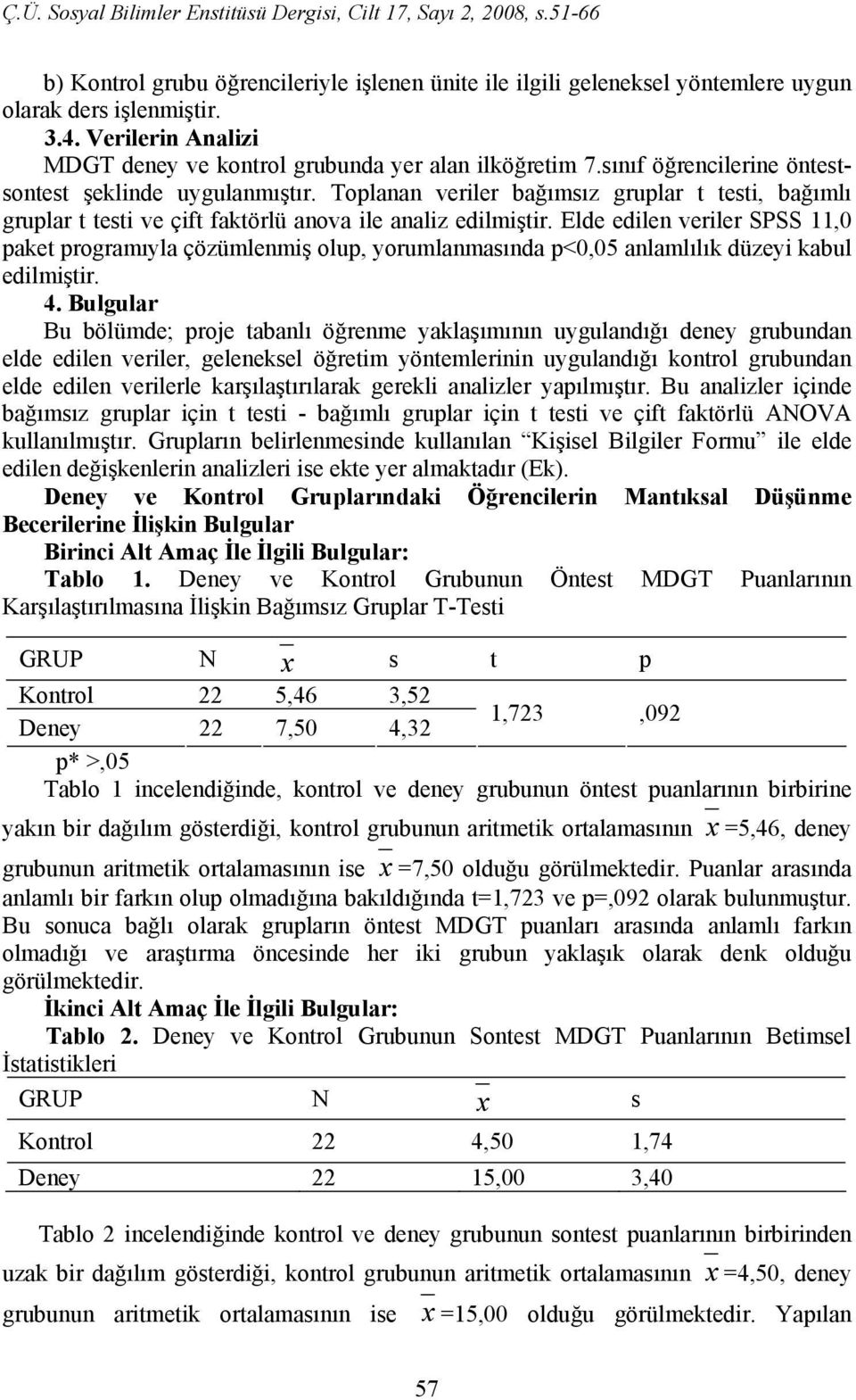 Elde edilen veriler SPSS 11,0 paket programıyla çözümlenmiş olup, yorumlanmasında p<0,05 anlamlılık düzeyi kabul edilmiştir. 4.