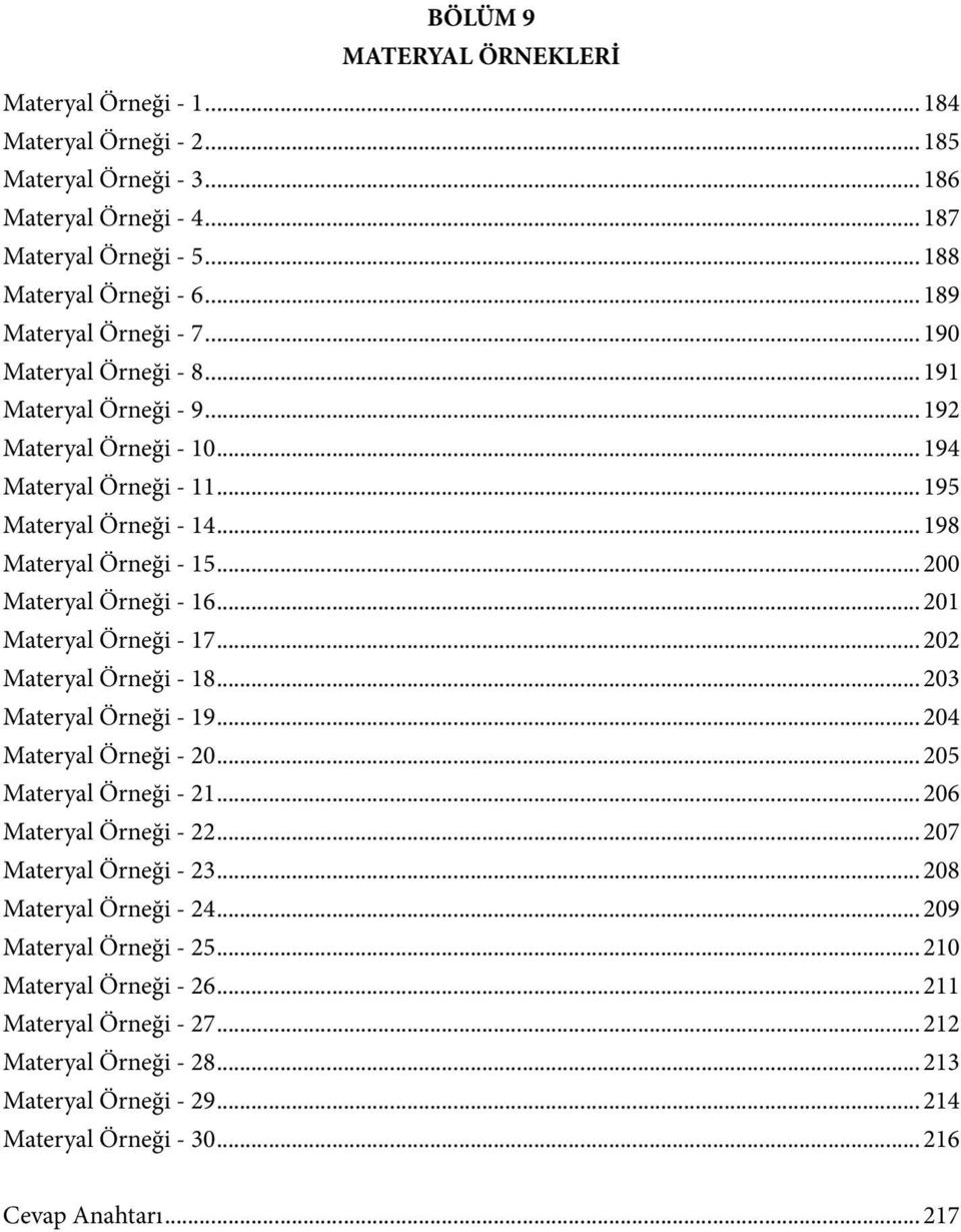 ..200 Materyal Örneği - 16...201 Materyal Örneği - 17...202 Materyal Örneği - 18...203 Materyal Örneği - 19...204 Materyal Örneği - 20...205 Materyal Örneği - 21...206 Materyal Örneği - 22.