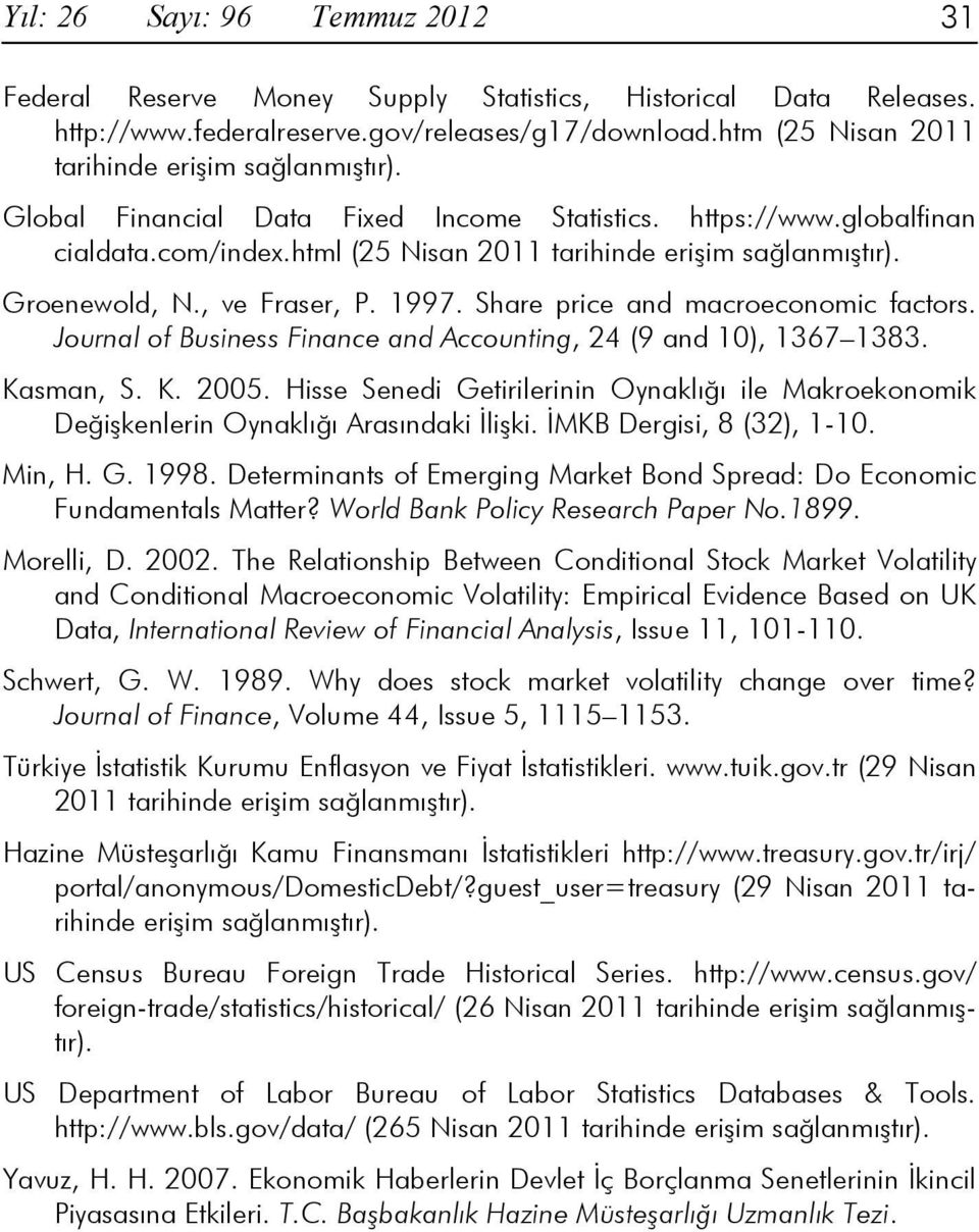 Groenewold, N., ve Fraser, P. 1997. Share price and macroeconomic factors. Journal of Business Finance and Accounting, 24 (9 and 10), 1367 1383. Kasman, S. K. 2005.