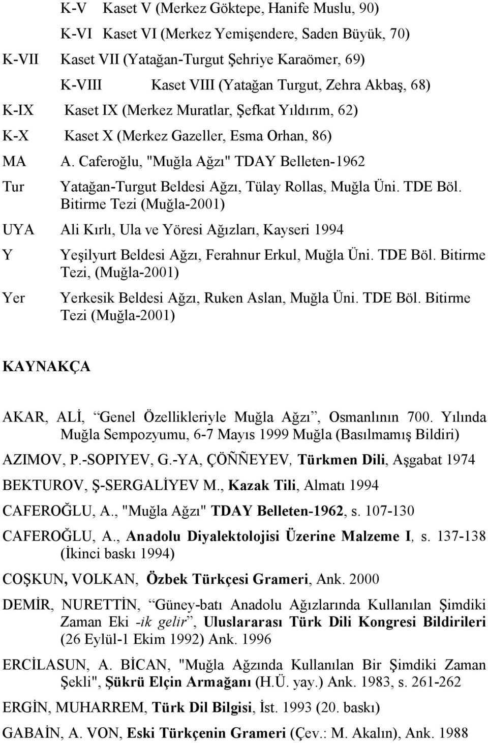 Caferoğlu, "Muğla Ağzı" TDAY Belleten-1962 Yatağan-Turgut Beldesi Ağzı, Tülay Rollas, Muğla Üni. TDE Böl.