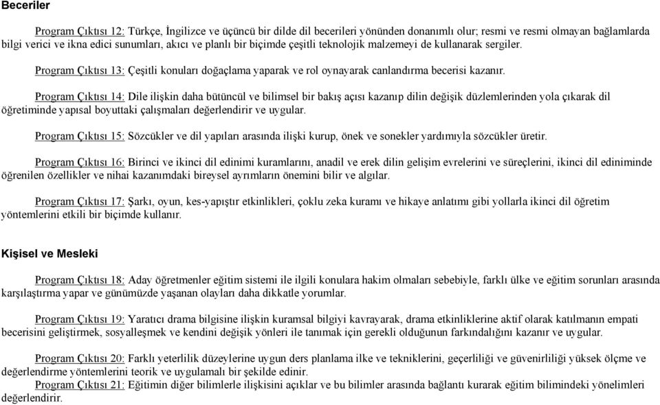 Program Çıktısı 14: Dile ilişkin daha bütüncül ve bilimsel bir bakış açısı kazanıp dilin değişik düzlemlerinden yola çıkarak dil öğretiminde yapısal boyuttaki çalışmaları değerlendirir ve uygular.