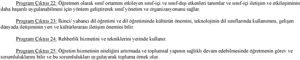 Program Çıktısı 23: İkinci/ yabancı dil öğretimi ve dil öğretiminde kültürün önemini, teknolojinin dil sınıflarında kullanımını, gelişen dünyada iletişiminin yeri ve kültürlerarası