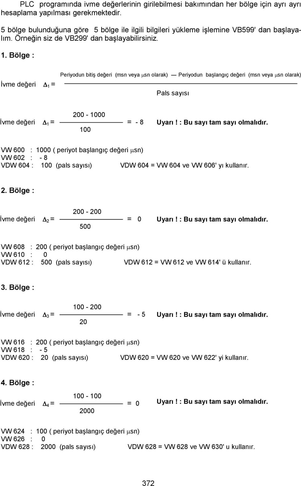 . Bölge : Đvme değeri = eriyodun bitiş değeri (msn veya µsn olarak) als sayısı eriyodun başlangıç değeri (msn veya µsn olarak) 200-000 Đvme değeri = = - 8 00 Uyarı! : Bu sayı tam sayı olmalıdır.