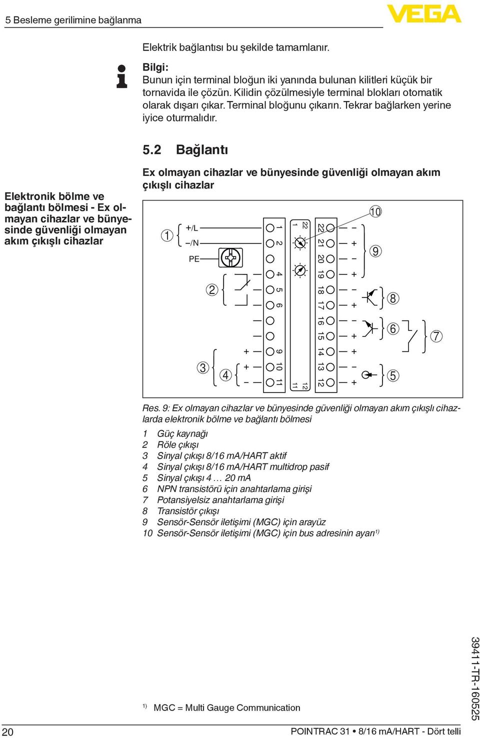 2 Bağlantı Elektronik bölme ve bağlantı bölmesi - Ex olmayan cihazlar ve bünyesinde güvenliği olmayan akım çıkışlı cihazlar Ex olmayan cihazlar ve bünyesinde güvenliği olmayan akım çıkışlı cihazlar 1