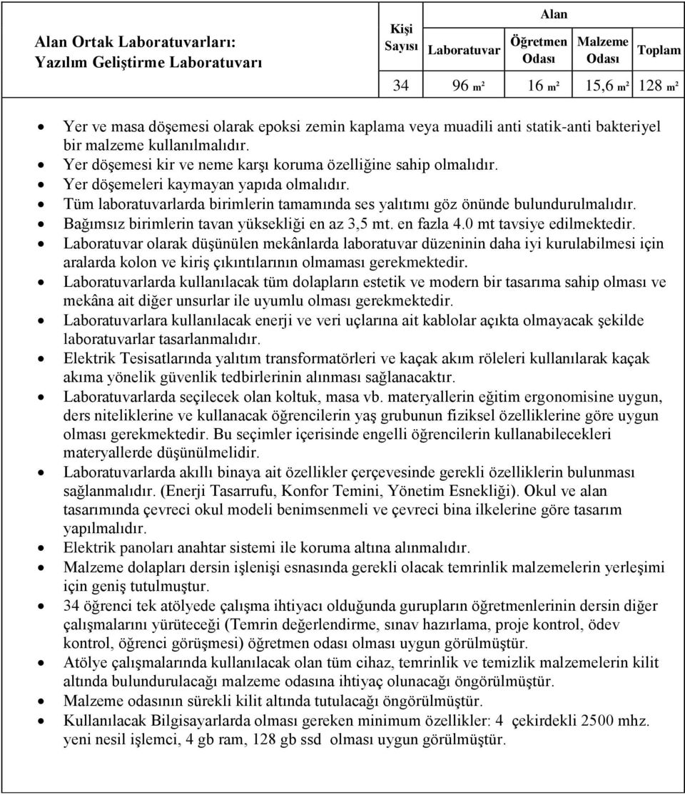 Tüm laboratuvarlarda birimlerin tamamında ses yalıtımı göz önünde bulundurulmalıdır. Bağımsız birimlerin tavan yüksekliği en az 3,5 mt. en fazla 4.0 mt tavsiye edilmektedir.