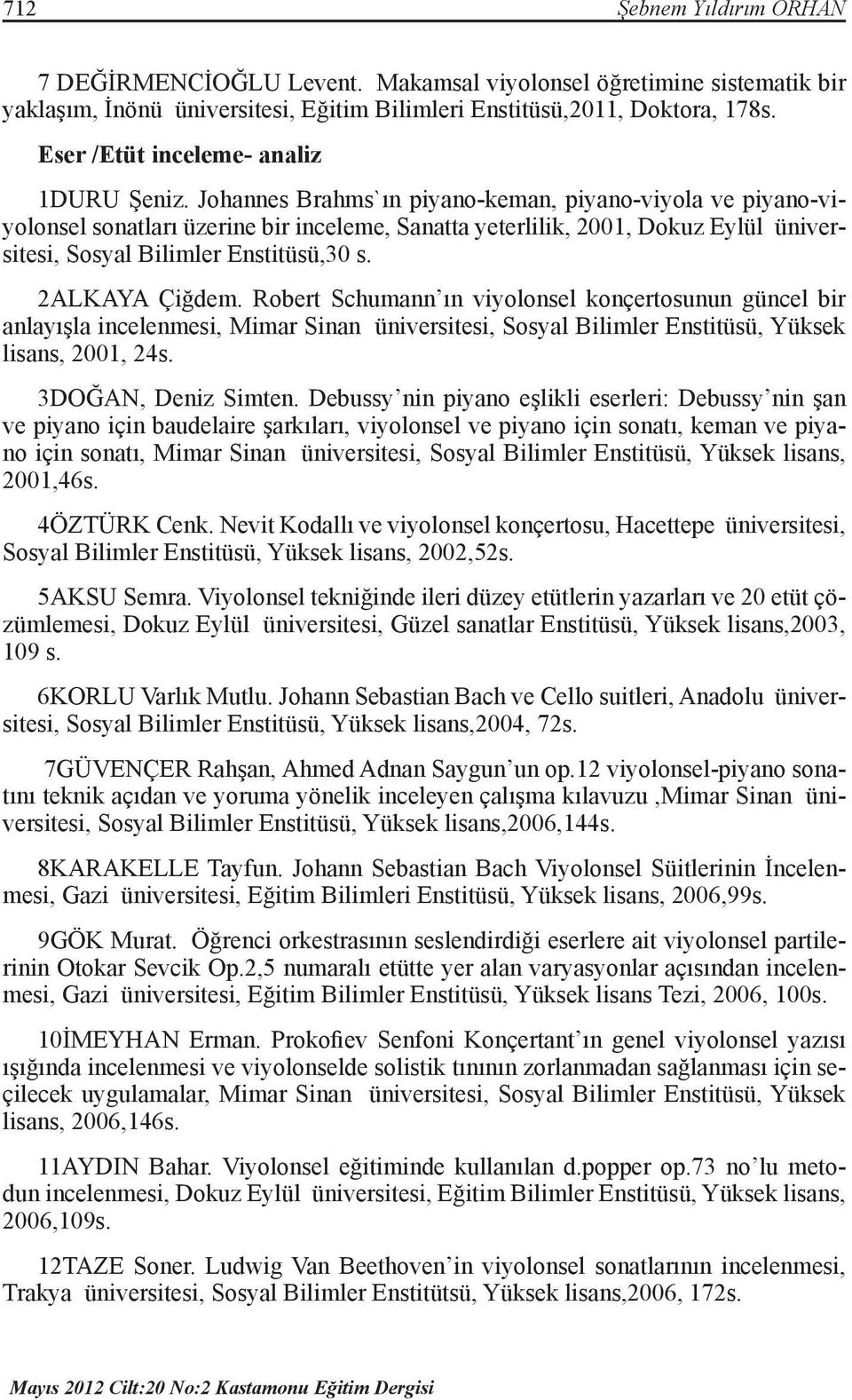 Johannes Brahms`ın piyano-keman, piyano-viyola ve piyano-viyolonsel sonatları üzerine bir inceleme, Sanatta yeterlilik, 2001, Dokuz Eylül üniversitesi, Sosyal Bilimler Enstitüsü,30 s. 2ALKAYA Çiğdem.