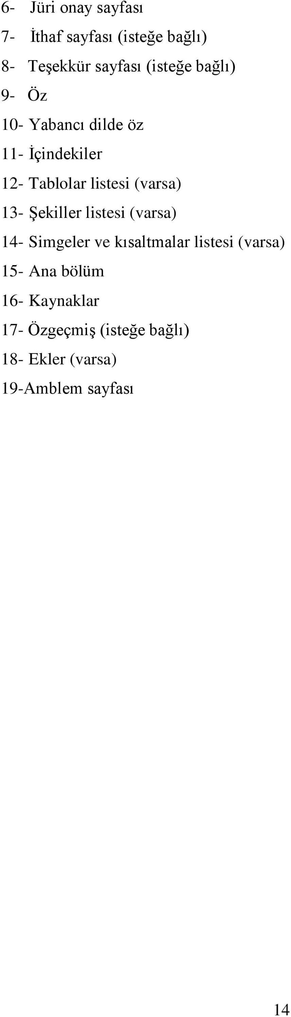 13- Şekiller listesi (varsa) 14- Simgeler ve kısaltmalar listesi (varsa) 15- Ana