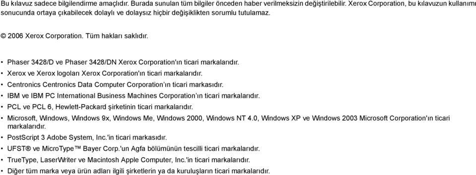 Phaser 3428/D ve Phaser 3428/DN Xerox Corporation'ın ticari markalarıdır. Xerox ve Xerox logoları Xerox Corporation'ın ticari markalarıdır.