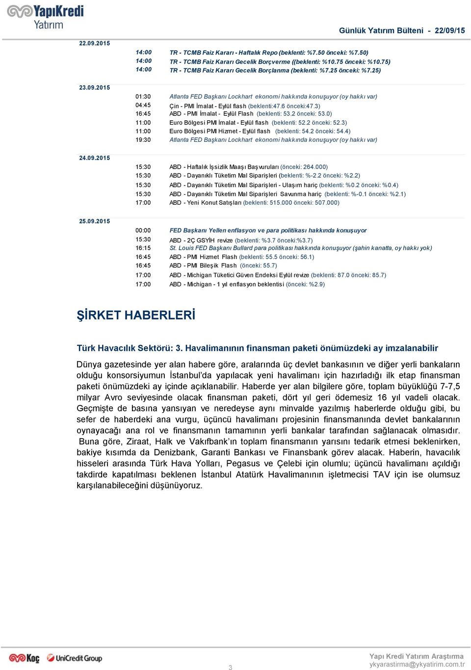 2015 01:30 Atlanta FED Başkanı Lockhart ekonomi hakkında konuşuyor (oy hakkı var) 04:45 Çin - PMI İmalat - Eylül flash (beklenti:47.6 önceki:47.3) 16:45 ABD - PMI İmalat - Eylül Flash (beklenti: 53.